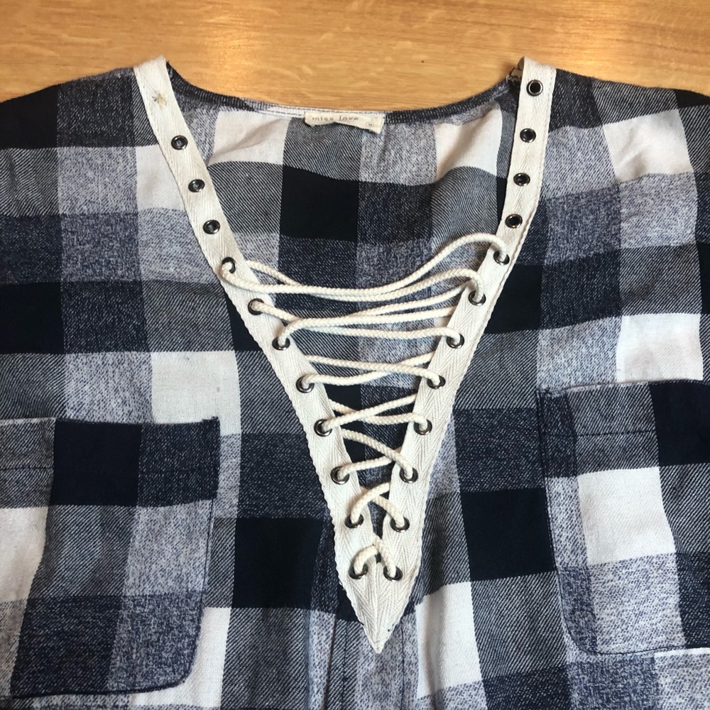 MISS LOVE boho rope neckline plaid shirt blouse M - Picture 7 of 15